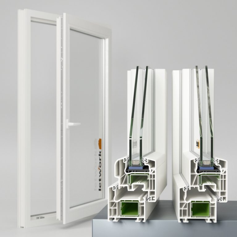 Schüco CT 70 Kunststofffenster in weiß mit Zweifachverglasung mit Blick in beide Designvarianten als Profile im Hintergrund ein komplettes Fenster mit offenem Flügel