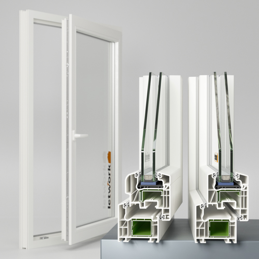 Schüco CT 70 Kunststofffenster in weiß mit Zweifachverglasung mit Blick in beide Designvarianten als Profile im Hintergrund ein komplettes Fenster mit offenem Flügel