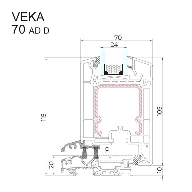 Querschnittzeichnung Türenprofil VEKA 70 AD