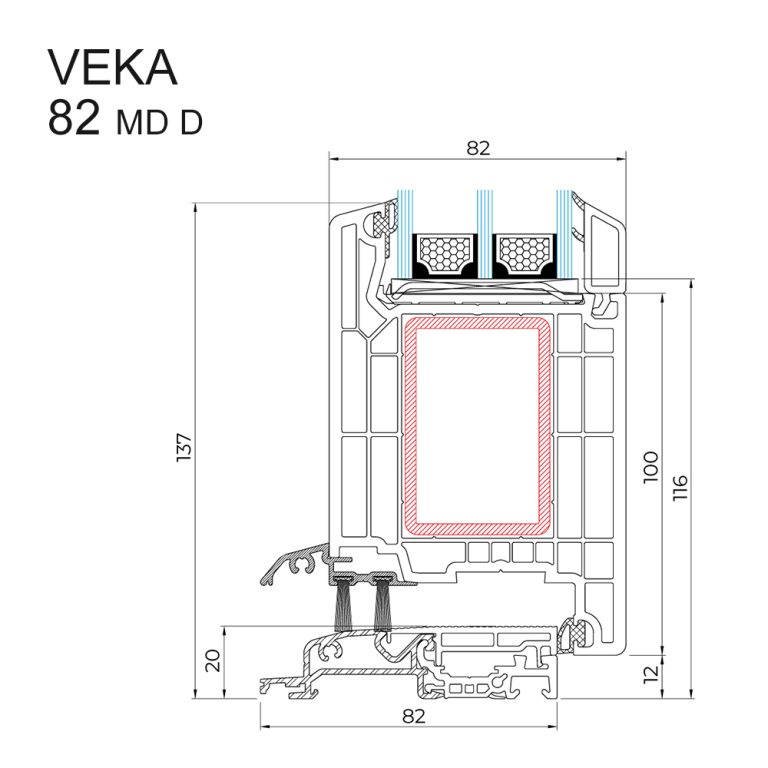 Querschnittzeichnung Türenprofil VEKA 82 MD