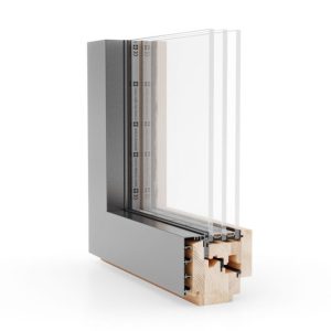 Fenêtre bois-aluminium 74 recouvrant l'ouvrant. Vue extérieure d'un angle de fenêtre avec triple vitrage