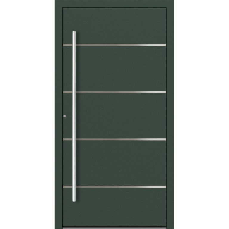 Aluminiumhaustür Feldmann und Mayer P90 und SL75 Design M02 in Tannengrün mit vier Edelstahl-Applikationen und silbernen Griffen