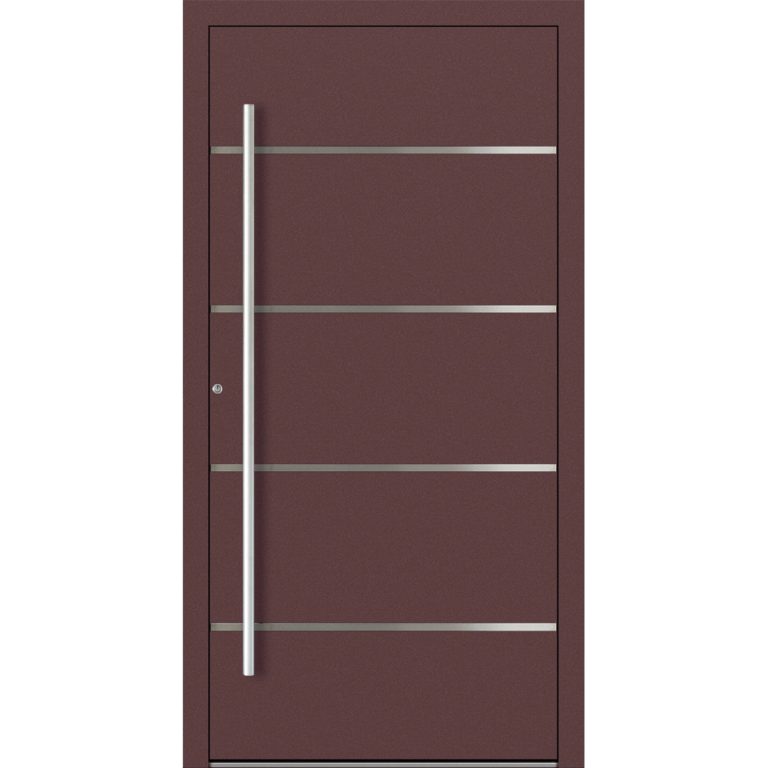 Aluminiumhaustür Feldmann und Mayer P90 und SL75 Design M02 in Rotbraun mit vier Edelstahl-Applikationen und silbernen Griffen