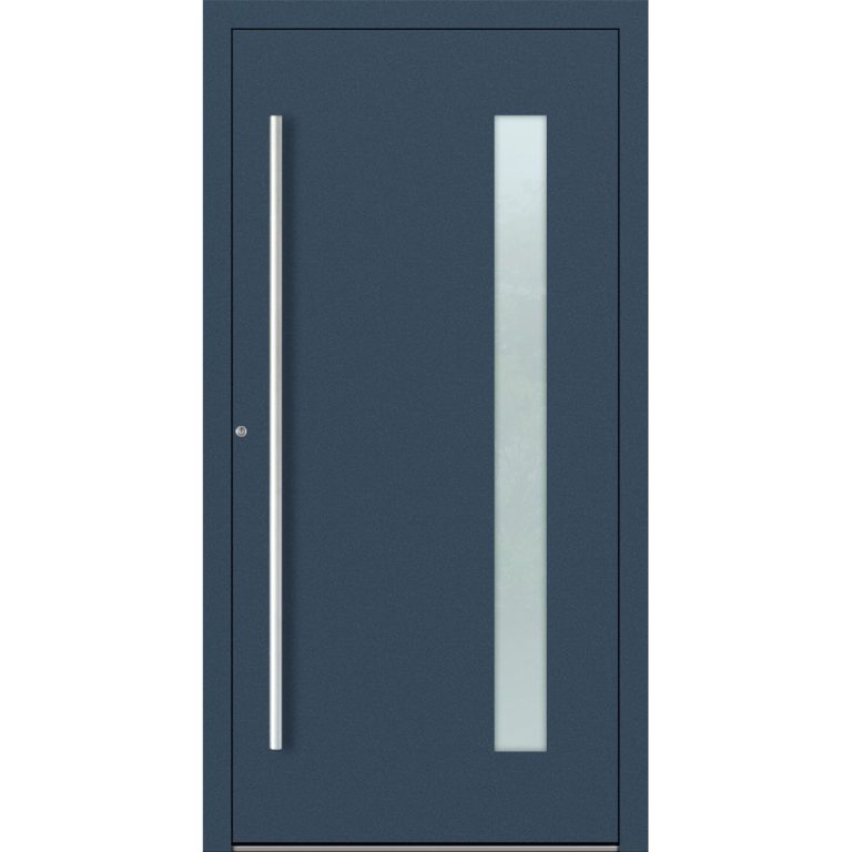 Aluminiumhaustür Feldmann und Mayer P90 und SL75 Design M04 in Dunkelblau mit Glaseinsatz und silbernen Griffen