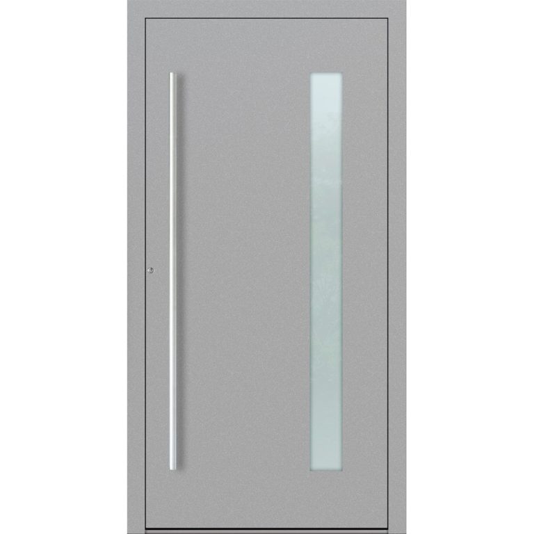 Aluminiumhaustür Feldmann und Mayer P90 und SL75 Design M04 in Grau mit Glaseinsatz und silbernen Griffen