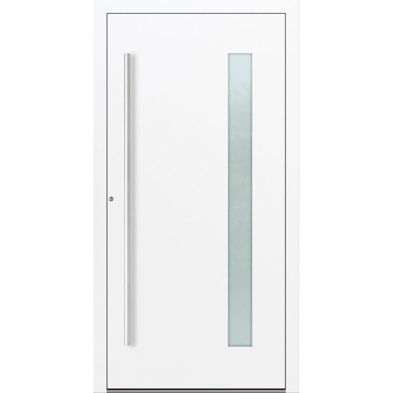 Aluminiumhaustür Feldmann und Mayer P90 und SL75 Design M04 in Weiß mit Glaseinsatz und silbernen Griffen