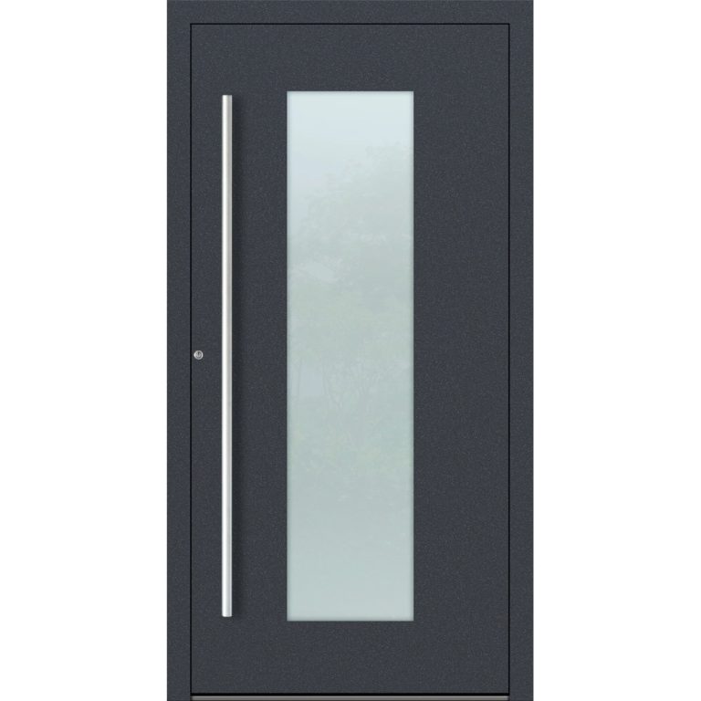 Aluminium-Haustür Feldmann und Mayer P90 und SL75 Design M08 in Anthrazit mit Glaseinsatz und silbernen Griffen