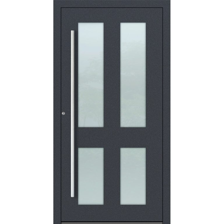 Aluminium-Haustür Feldmann und Mayer P90 und SL75 Design M09 in Anthrazit mit Glaseinsätzen und silbernen Griffen