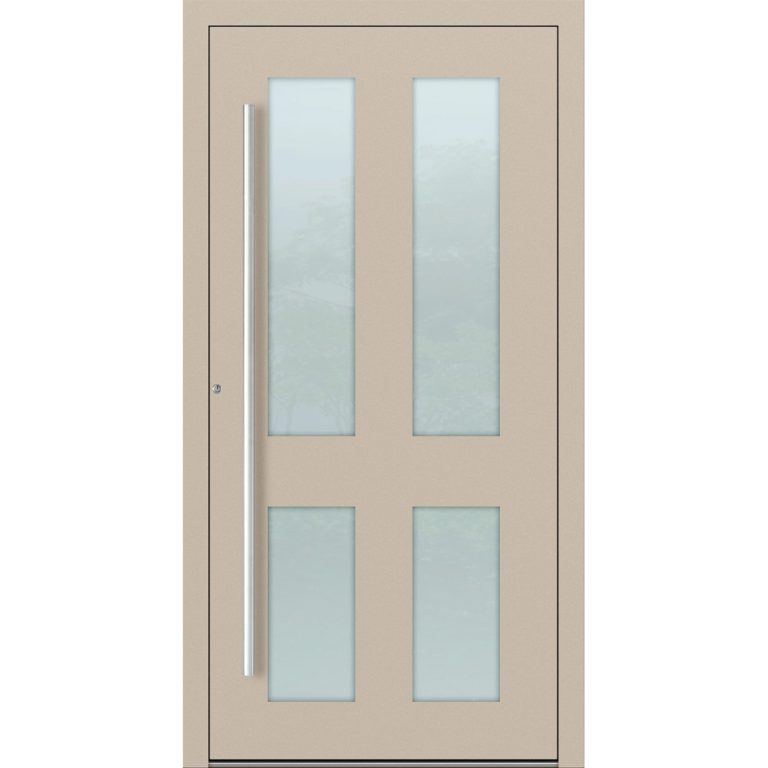 Aluminium-Haustür Feldmann und Mayer P90 und SL75 Design M09 in Elfenbein mit Glaseinsätzen und silbernen Griffen
