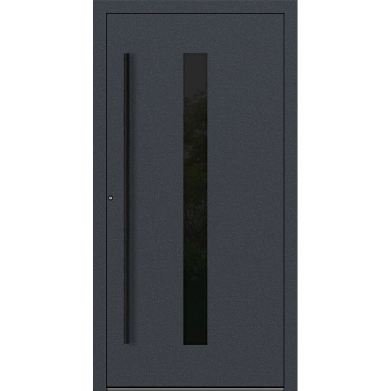 Aluminium-Haustür Feldmann und Mayer P90 und SL75 Design Blackline M21 in Anthrazit mit GLaseinsatz und schwarzen Griffen