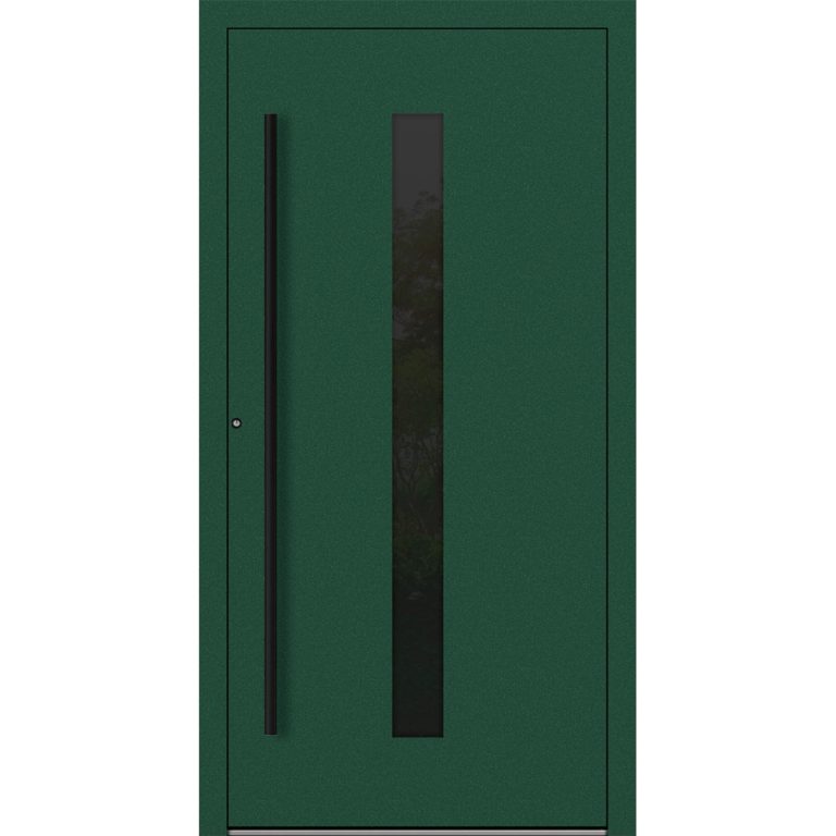 Aluminium-Haustür Feldmann und Mayer P90 und SL75 Design Blackline M21 in Moosgrün mit GLaseinsatz und schwarzen Griffen