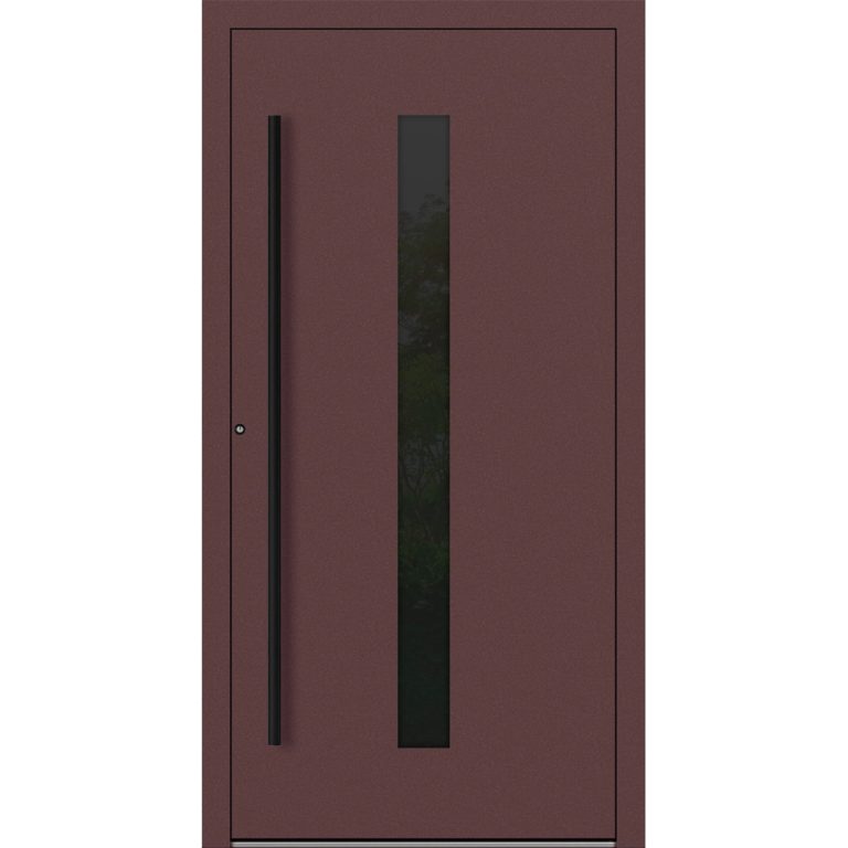 Aluminium-Haustür Feldmann und Mayer P90 und SL75 Design Blackline M21 in Rotbraun mit GLaseinsatz und schwarzen Griffen