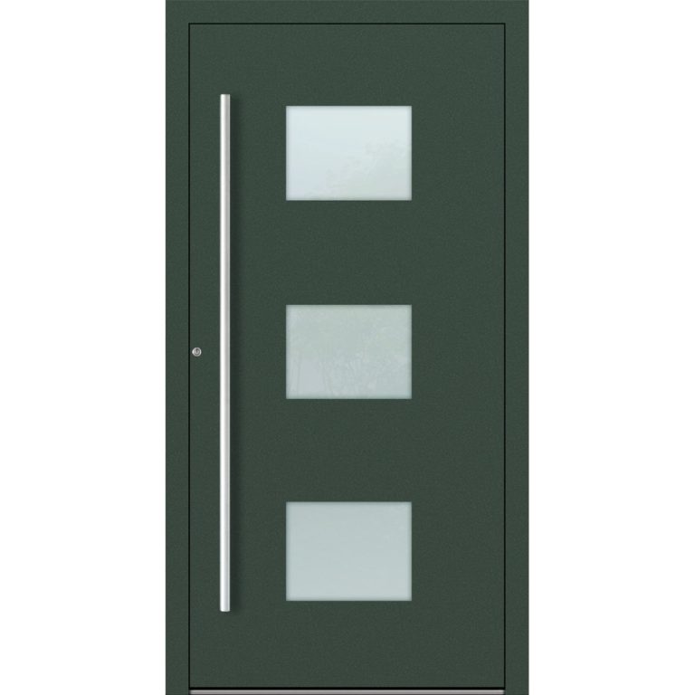 Aluminium-Haustür Feldmann und Mayer P90 und SL75 Design M210 in Tannengrün mit Glaseinsätzen und silbernen Griffen