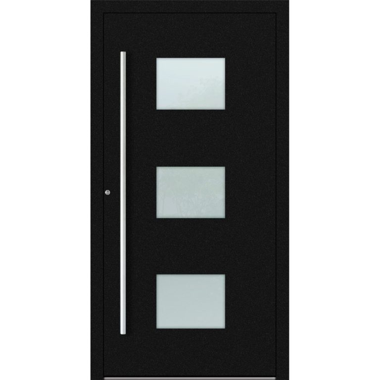Aluminium-Haustür Feldmann und Mayer P90 und SL75 Design M210 in Schwarz mit Glaseinsätzen und silbernen Griffen