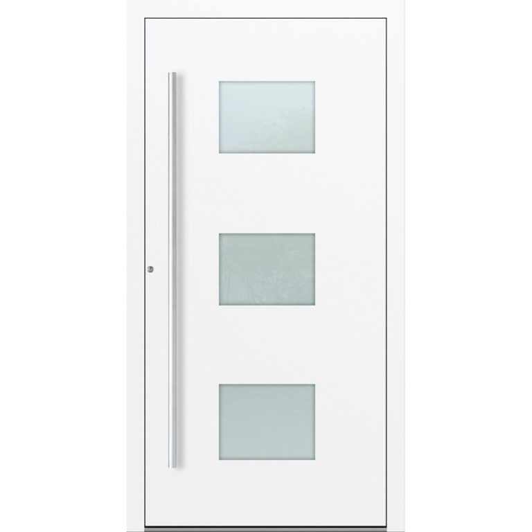 Aluminium-Haustür Feldmann und Mayer P90 und SL75 Design M210 in Weiß mit Glaseinsätzen und silbernen Griffen