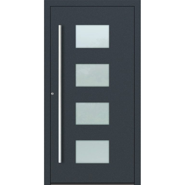 Aluminium-Haustür Feldmann und Mayer P90 und SL75 Design M211 in Anthrazit RAL7016 mit Glaseinsätzen und silbernen Griffen