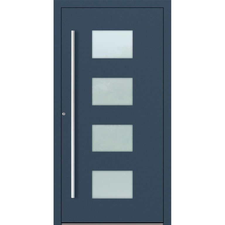 Aluminium-Haustür Feldmann und Mayer P90 und SL75 Design M211 in Dunkelblau mit Glaseinsätzen und silbernen Griffen