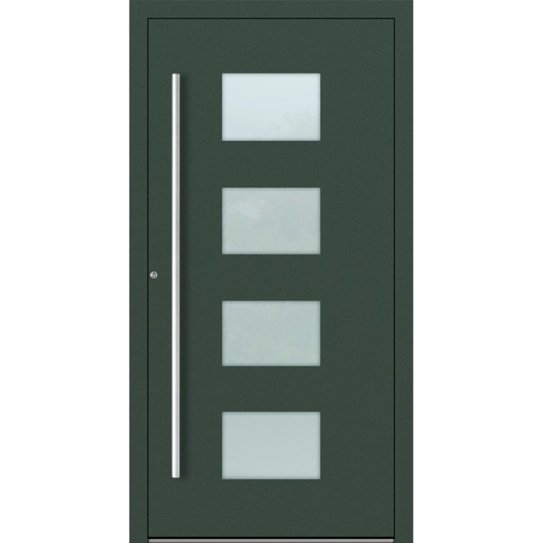 Aluminium-Haustür Feldmann und Mayer P90 und SL75 Design M211 in Tannengrün mit Glaseinsätzen und silbernen Griffen