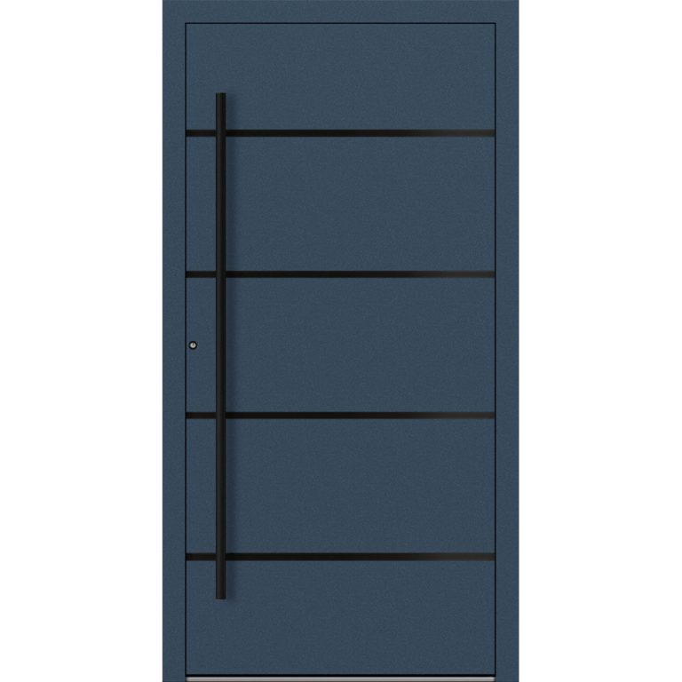 Aluminium-Haustür Feldmann und Mayer P90 und SL75 Design Blackline M22 in Dunkelblau mit schwarzen Griffen