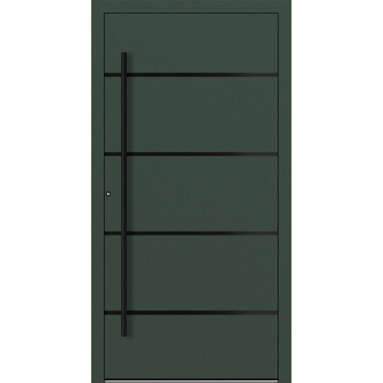 Aluminium-Haustür Feldmann und Mayer P90 und SL75 Design Blackline M22 in Tannengrün mit schwarzen Griffen
