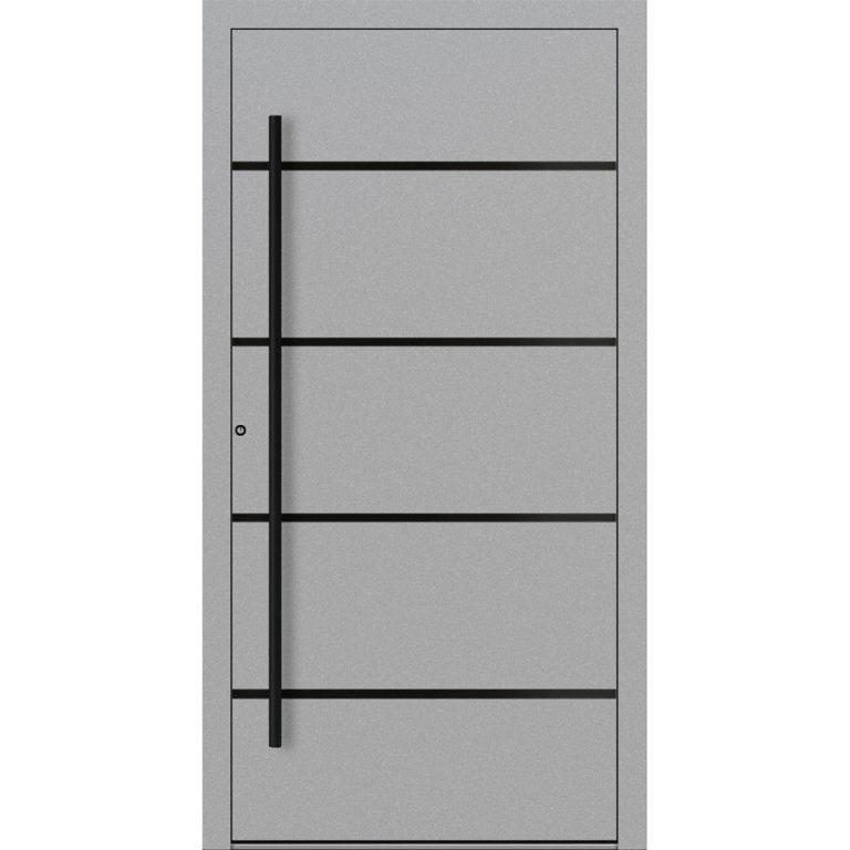 Aluminium-Haustür Feldmann und Mayer P90 und SL75 Design Blackline M22 in Grau mit schwarzen Griffen