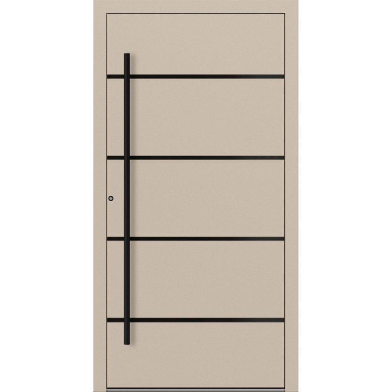 Aluminium-Haustür Feldmann und Mayer P90 und SL75 Design Blackline M22 in Elfenbein mit schwarzen Griffen
