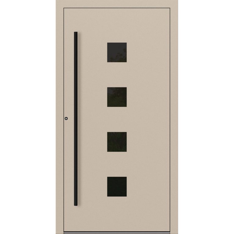 Aluminium-Haustür Feldmann und Mayer P90 und SL75 Design Blackline RC2 M23 in Elfenbein mit Glaseinsatz und schwarzen Griffen