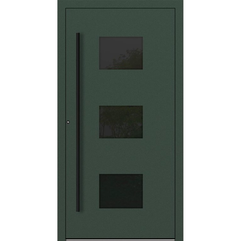 Aluminium-Haustür Feldmann und Mayer P90 und SL75 Design Blackline RC2 M310 mit drei Glaseinsätzen in Tannengrün