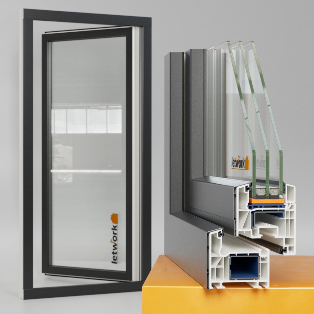 Schueco CT70 Kunststoff Aluminium Balkontüre Ecke und Balkontüre im Hintergrund mit Anthrazit Deckschale