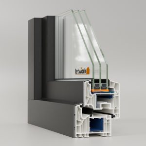Schueco 82MD Kunststoff Aluminium Musterecke mit Anthrazit Deckschale