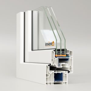 Fenêtre PVC Schüco Living 82 MD en blanc avec triple vitrage et vue sur le profil