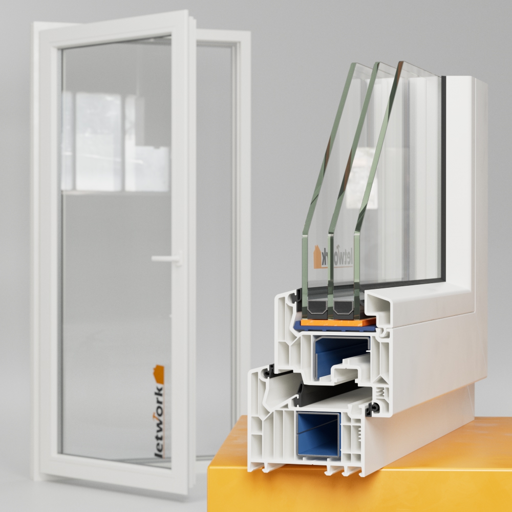 Veka Softline 82 MD Balkontür aus Kunststoff. Im Hintergrund steht eine geöffnete Balkontür, im Vordergrund befindet sich eine Nahaufnahme des Rahmenprofils
