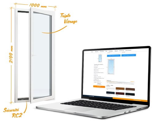 Porte-fenêtre sur mesure en PVC à côté d'un ordinateur portable affichant le configurateur Letwork